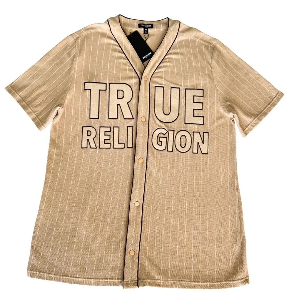 True Religion Mens Baseball Jersey Tan Khaki Pinstripe Button Front Shirt XL NEW